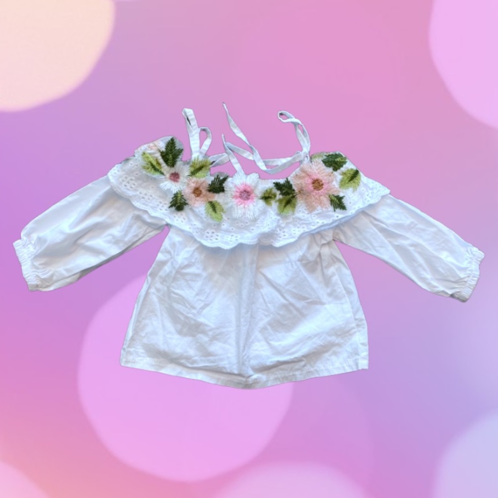 Embroidered Floral Appliqué Off the Shoulder Cotton Top